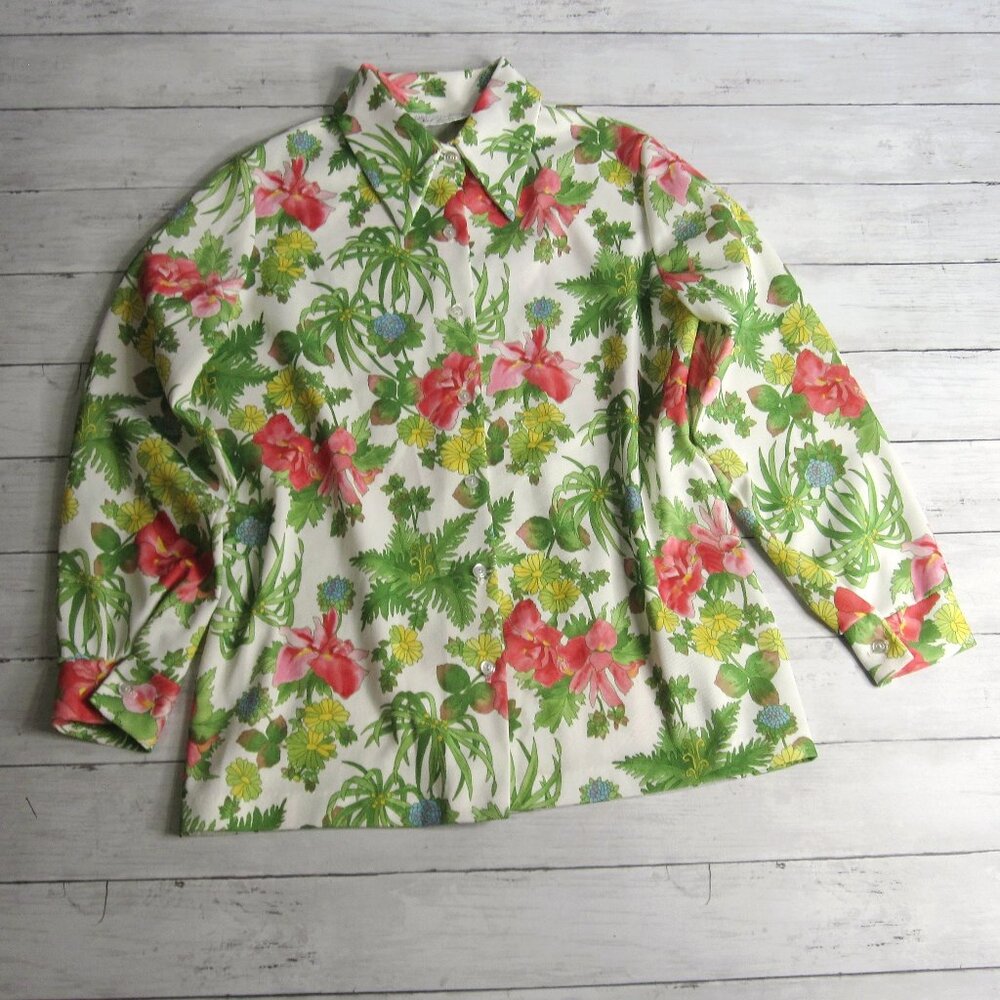 NPC Fashions Vintage Women's Floral Top Size L Long Sleeve Button Up Blouse